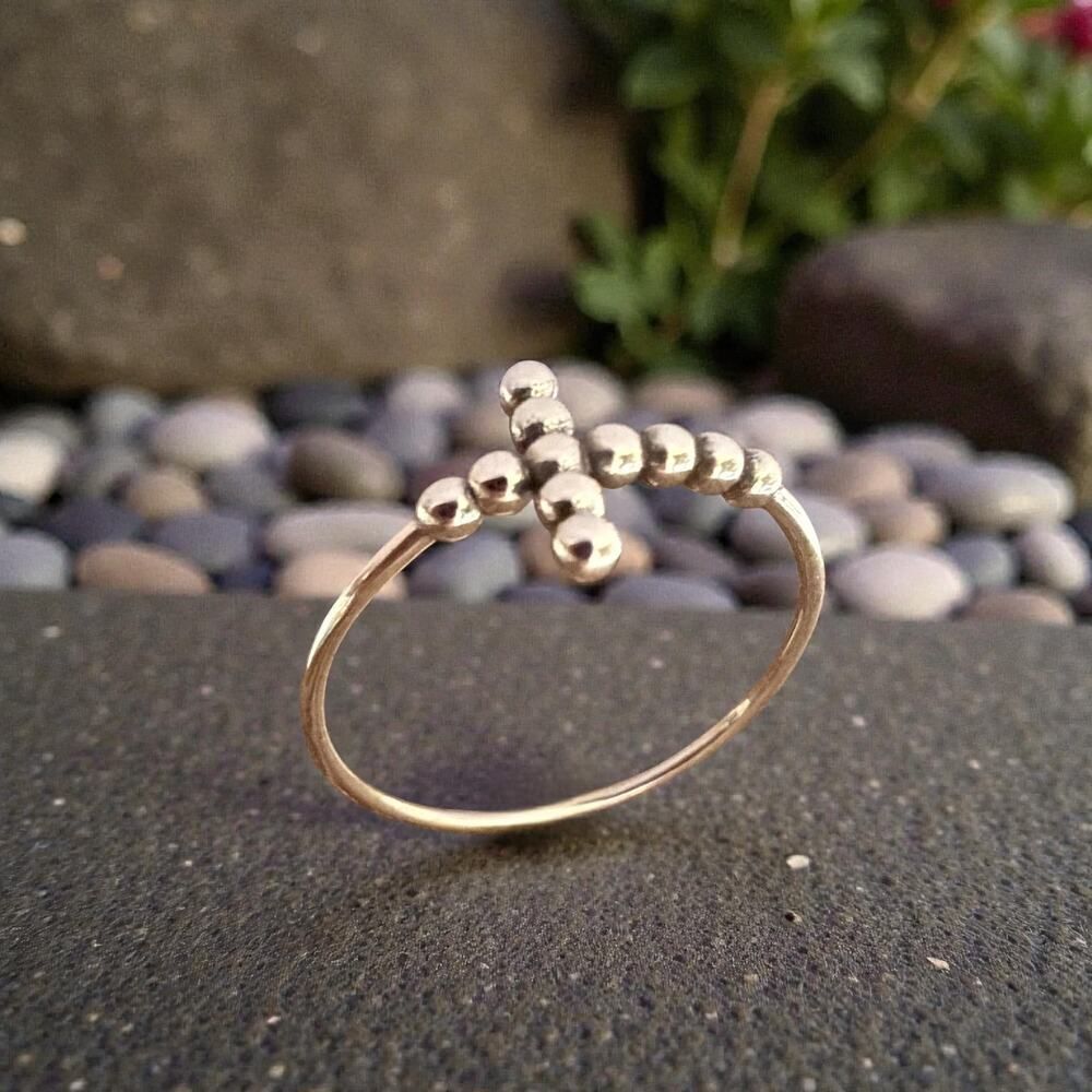 Delicate Sterling Silver Beaded Cross Faith Ring
